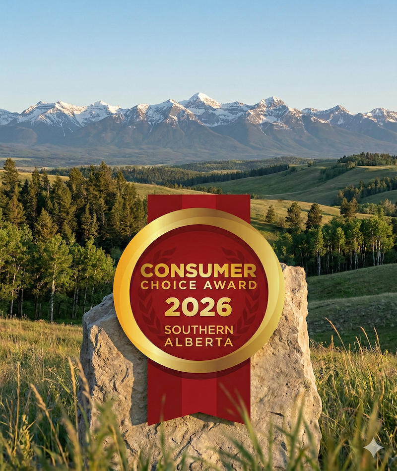 2026 Consumer Choice Award Southern Alberta winner badge for CHI Home Inspections with the Calgary Foothills and Rocky Mountains in the background.
