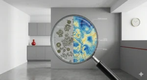 Professional mold and mould inspection service in Calgary, using a magnifying glass to identify spores and moisture sources by CHI Home Inspections.