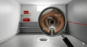 Sewer video camera inspection in a Calgary home utility room, using a magnifying glass to reveal underground pipe cracks and root intrusion by CHI Home Inspections.