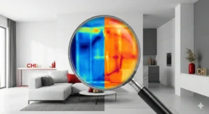 Infrared thermal imaging analysis of a Calgary home interior, using a magnifying glass to reveal a heat map for moisture detection and heat loss by CHI Home Inspections.